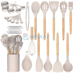 Set di utensili da cucina Utensili da cucina in silicone - Fungun 23 pezzi Utensili da cucina Utensili Manico in legno Cucchiai Spatole Set Pentole