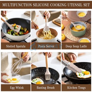 Set di utensili da cucina Utensili da cucina in silicone - Fungun 23 pezzi Utensili da cucina Utensili Manico in legno Cucchiai Spatole Set Pentole