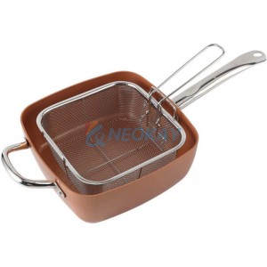 All in One Pan Copper Pan Nonstick Deep Square Induction Fry Pan with Glass LidStainless Steel Fry BasketSteamer Rack 4 PCS Set