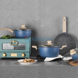 锅和平底锅 7 件套蓝色铸铁厨具不粘炊具套装烹饪炊具套装